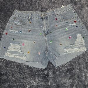Embellished Blue Denim Shorts